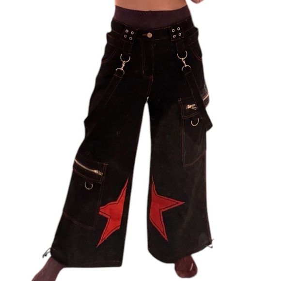 90s Rave Style Current Mood Black Red Baggy Wide leg cargo pants New punk sz S - Picture 2 of 15